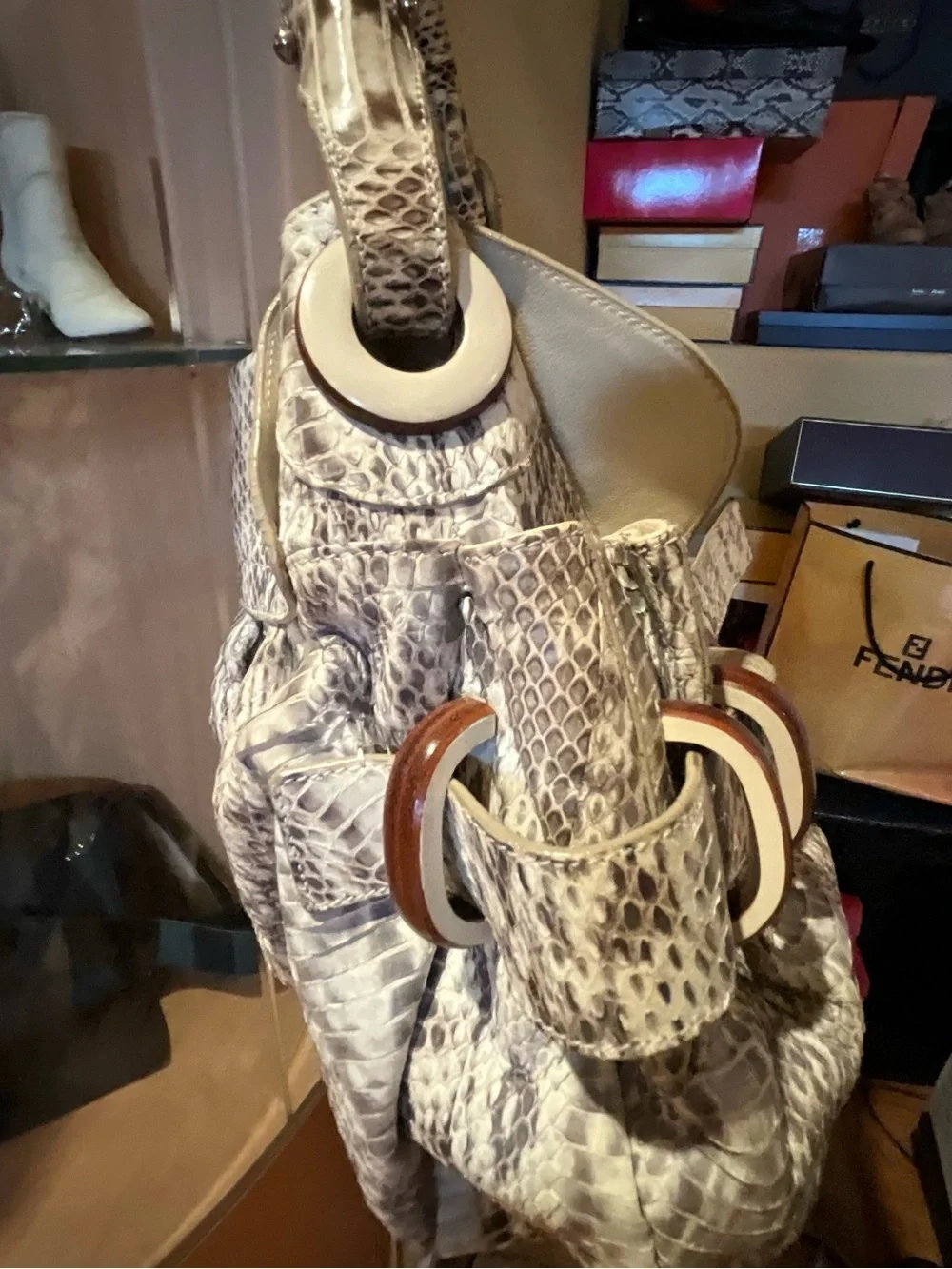 Salvatore Ferragamo Cream and Brown 100% real snake skin Shoulder Bag